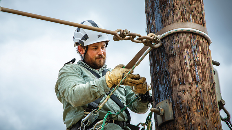 man wearing a long-sleeved shirt, gloves and a hardhat, attached to a harness attached to a wooden pole