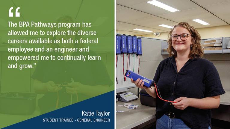 woman standing in cubicle holding papers, with glasses and blonde curly hair; quote next to her stating that the pathways program allowed her to explore diverse careers
