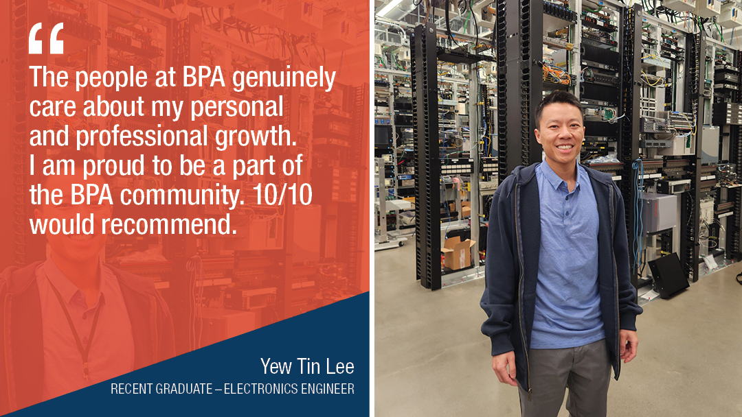 image of man standing in a large room filled with electrical equipment with an accompany quote stating that the people of BPA value his growth