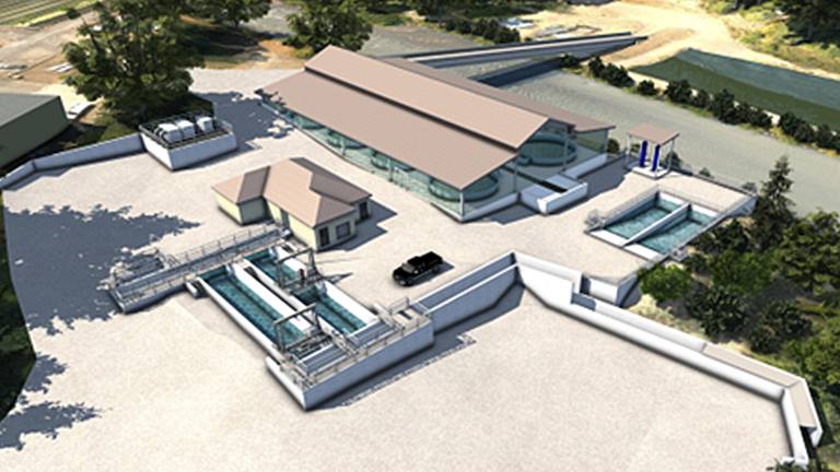 digital artistic rendering of new hatchery showing low, a building compound with pools of water interspersed
