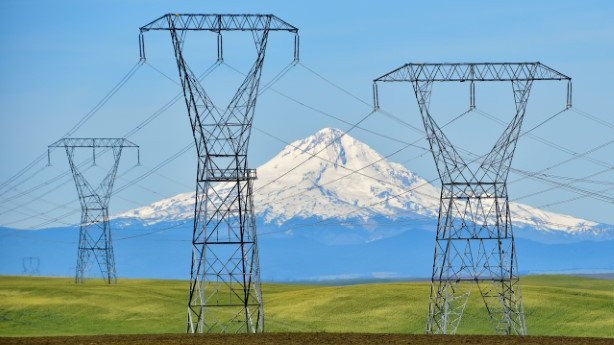 large transmission towers in a green field with a snow-capped mountain in the background